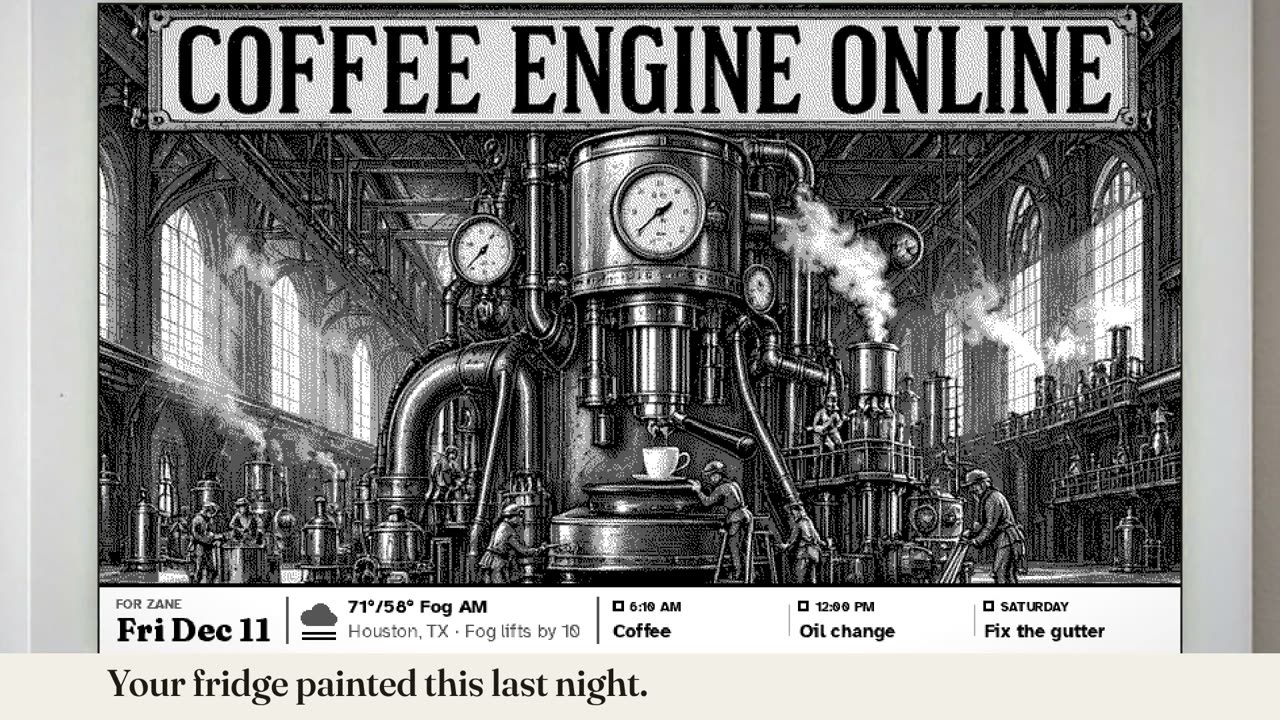 The explainer film: a frame on a fridge showing Coffee Engine Online