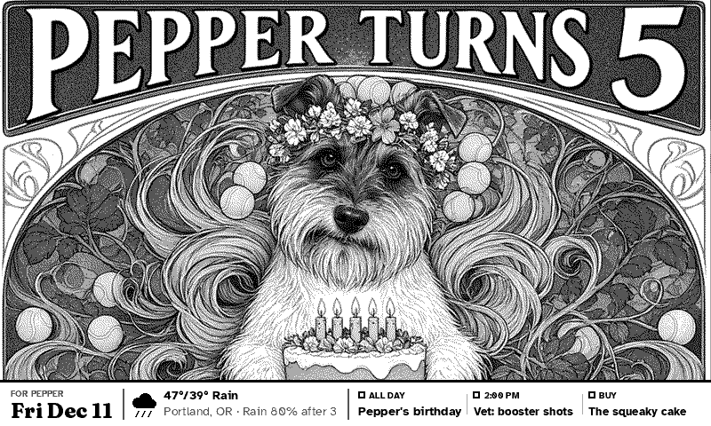 Pepper Turns 5, an Art Nouveau poster of a dog