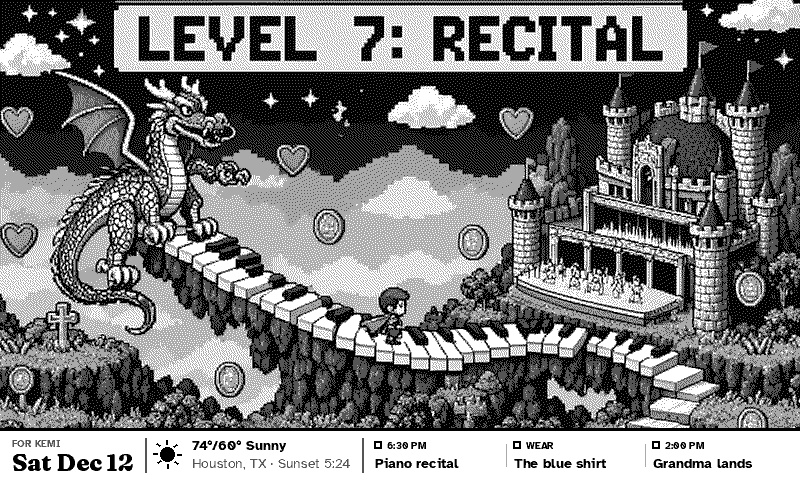 Level 7: Recital, pixel art of a dragon on a piano