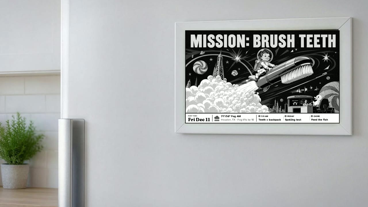 A Moonpress frame on a fridge showing a retro space poster titled Mission: Brush Teeth